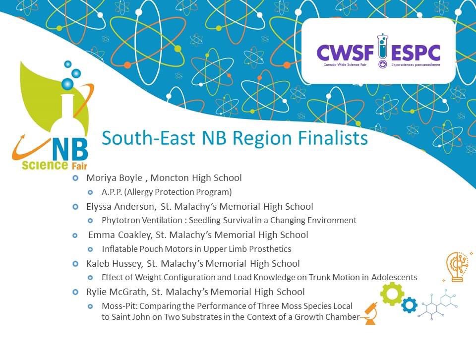 science_east's tweet photo. Congratulations to the North-West NB and South-East NB Region Finalists moving on to participate at the CWSF in Edmonton, AB this May! #cwsf #NBScience #NBSTEM @MoltexEnergy @gaiaproject @ASD_West @ScienceWestNB @ASD_South @asdnnb @AnglophoneEast https://t.co/Vqpij7rasQ