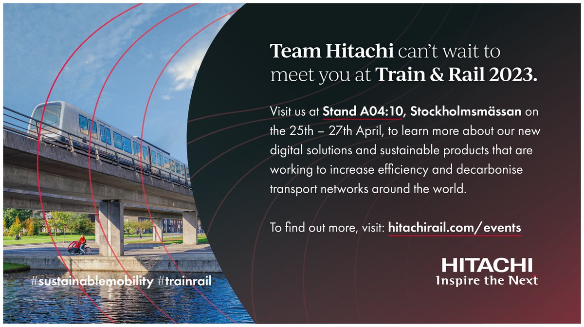 HitachiRailIT's tweet photo. Non vediamo l'ora di darvi il benvenuto a #TrainRail, fiera per il trasporto ferroviario sostenibile che si svolgerà dal 25 al 27 aprile 2023 a Stoccolma, in Svezia.
Volete maggiori informazioni o prenotare un incontro?  ▶️ https://t.co/z4yTkouDvu https://t.co/YFnV9yDPjk