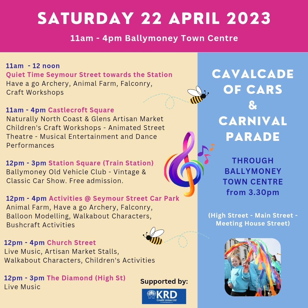 𝐈𝐭'𝐬 𝐁𝐚𝐥𝐥𝐲𝐦𝐨𝐧𝐞𝐲 𝐒𝐩𝐫𝐢𝐧𝐠 𝐅𝐚𝐢𝐫 𝐖𝐞𝐞𝐤! 🌼

Join us this weekend for two days of festival fun as Ballymoney transforms into a cascade of colours, live music and artisan markets! 🥳

Saturday lineup 👇 

#CausewayGlensEvents #BallymoneySpringFair #SpringItOn