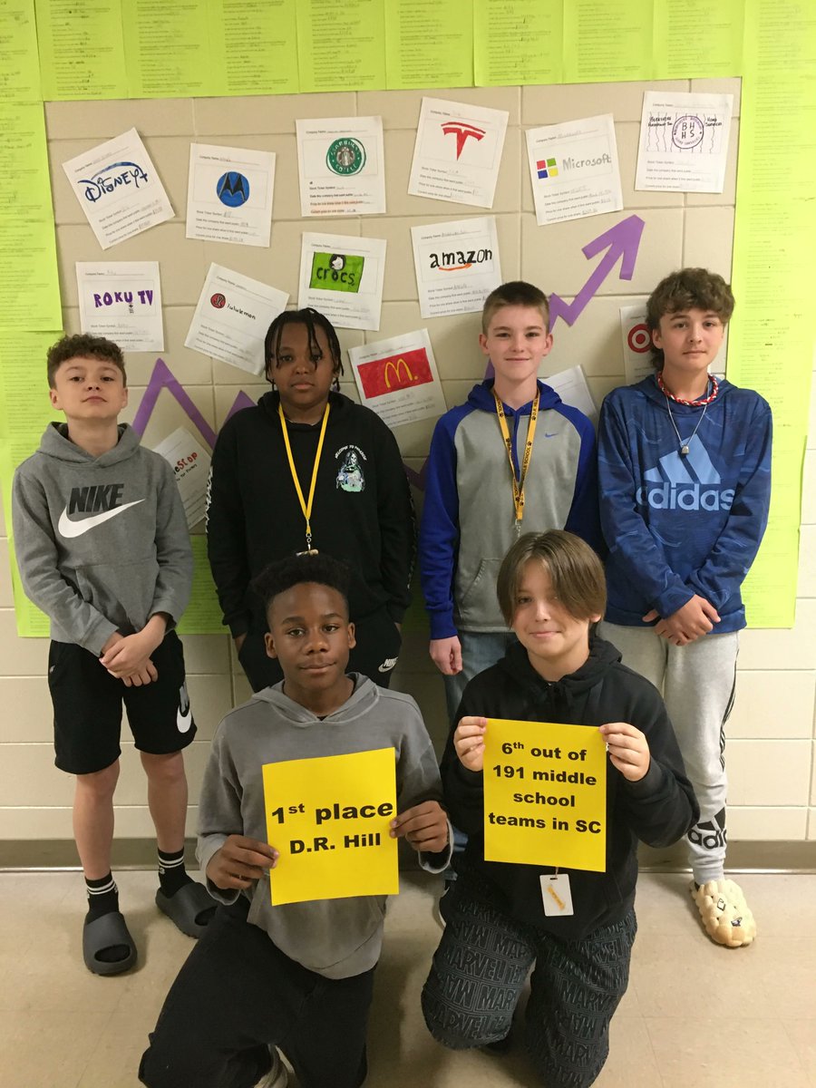 Mr. Bernier's students competed in a Stock Market Challenge over the last several weeks. Congratulations to the highest ranking team of all the D. R. Hill teams and 6th place out of 191 middle school teams across the state!