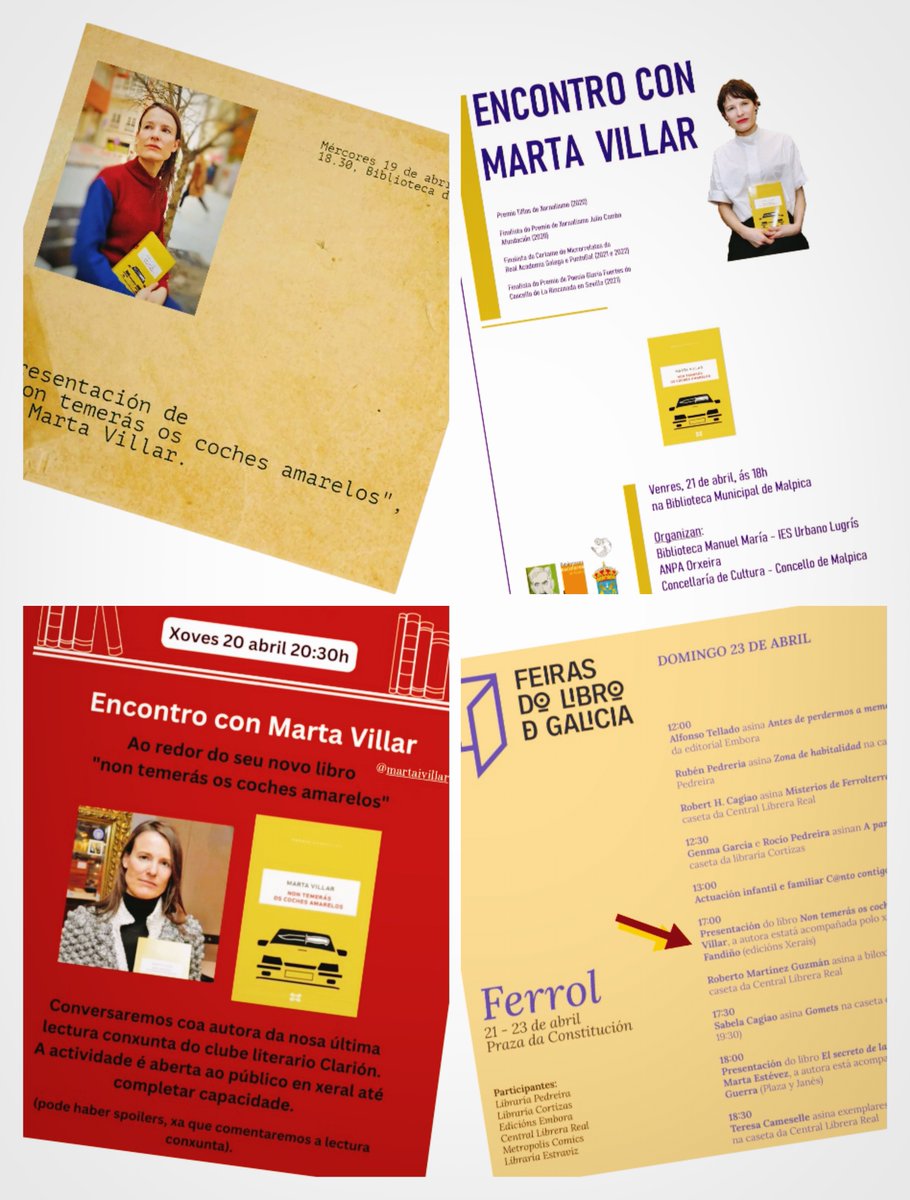 Sobredose de min: mañá mércores 19 presentarei a miña novela Non temerás os coches amarelos ás 18.30 na biblioteca municipal de Sada.O xoves 20 estarei  na librería Clarión de Carballo, o venres 21 presentarei na biblioteca de Malpica e o domingo 23 na Feira do Libro de Ferrol