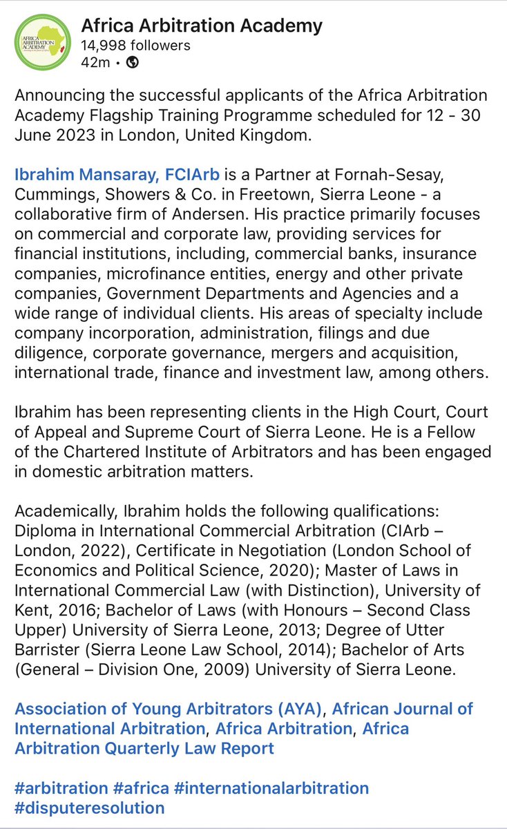 Mo_Salone's tweet photo. 1/2 Happy to share this news. I’ll be joining the world’s leading practitioners, academics, law firms, academic institutions and my peers in International Commercial Arbitration for a three-week training and networking programme in London. https://t.co/fltwlhmsVT