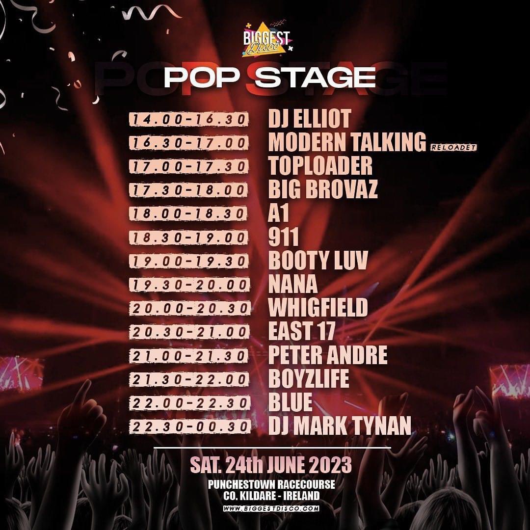 Running order for Pop stage. 90s stage and Old skool stage/Wonderful days stage is coming soon! More info and tickets : biggestdisco.com