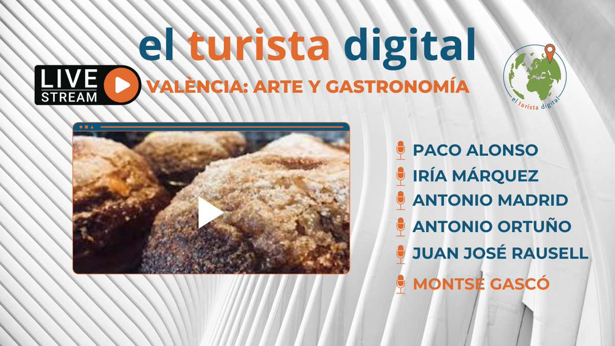 Próximamente:
València: Arte y Gastronomía en  La Tertulia de El Turista Digital con
<a href="/Pacolonso/">Paco a la naranja 🍊👉🦋</a> <a href="/marquez_iria/">Iria Márquez</a> #AntonioMadridSouto #AntonioOrtuño #JuanJoséRausell