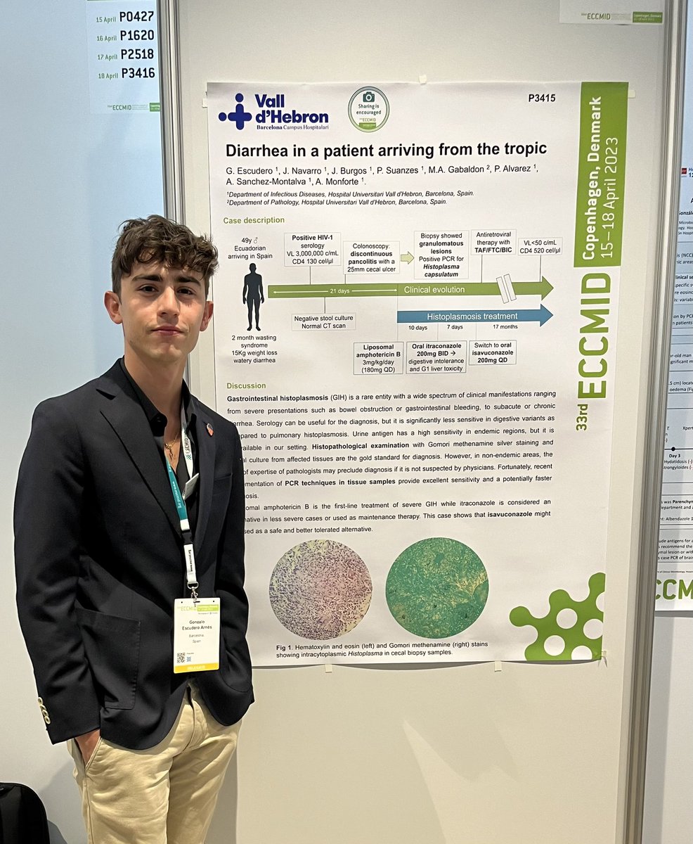 internavalle's tweet photo. Nuestros residentes de Infecciosas @miguelvilla92 y @GonEscudero1 visitan esta semana Copenhague para acudir al congreso de la Europea de Enfermedades Infecciosas #ECCMID23, presentando una comunicación sobre uso de Teico en EI y un póster de Histoplasmosis GI 🧫🦠 https://t.co/gX1cfAneYu