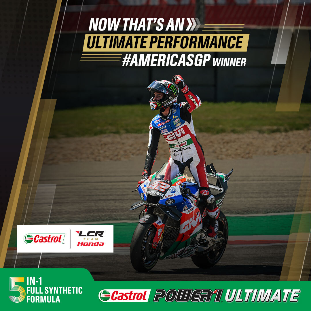 castrolbiking's tweet photo. .@Rins42 takes home @lcr_team’s first win in five years at the #AmericasGP with an #ULTIMATE display of skill and determination.
Hearty congratulations to the LCR Honda Castrol MotoGP™ Team on securing 100 podiums. An amazing achievement.
#LCRHonda #CastrolPOWER1ULTIMATE https://t.co/64ylqVrSVp