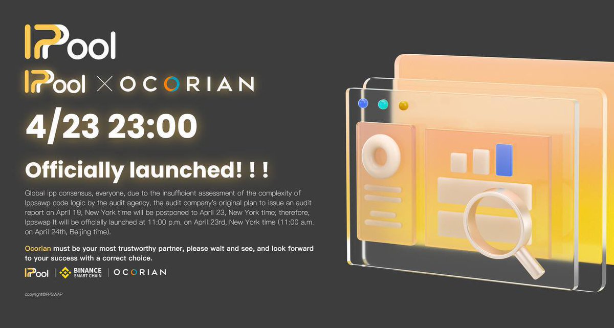 🎉🎉🎉Ippswap will be officially launched at 11:00pm on April 23rd New York time (11:00am Beijing time on April 24th).  🎊
 Thank you for your support and participation 🚀🚀🚀Ippswap will be a trustworthy existence‼  ️