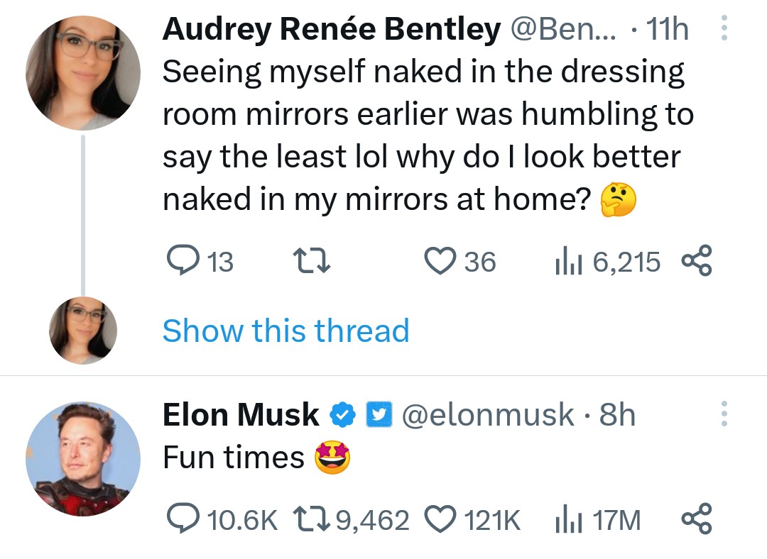 rlshacker's tweet photo. @BentleyAudrey Thought this was a comment there for a sec @BentleyAudrey @elonmusk https://t.co/k4BVDVLBnL