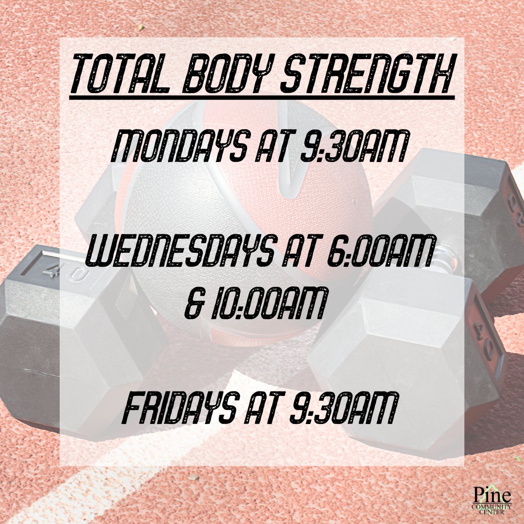 pinecommcenter's tweet image. Our Total Body Strength fitness classes happen multiple times throughout the week! You'll target every muscle in the body in this class. There's a variety of equipment used such as weights, bands, balls and more  Modifications are offered in all of our fitness classes 😊