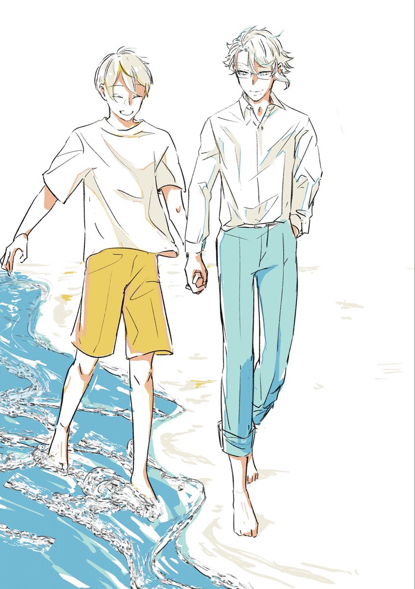 multiple boys 2boys pants white shirt shirt barefoot beach  illustration images