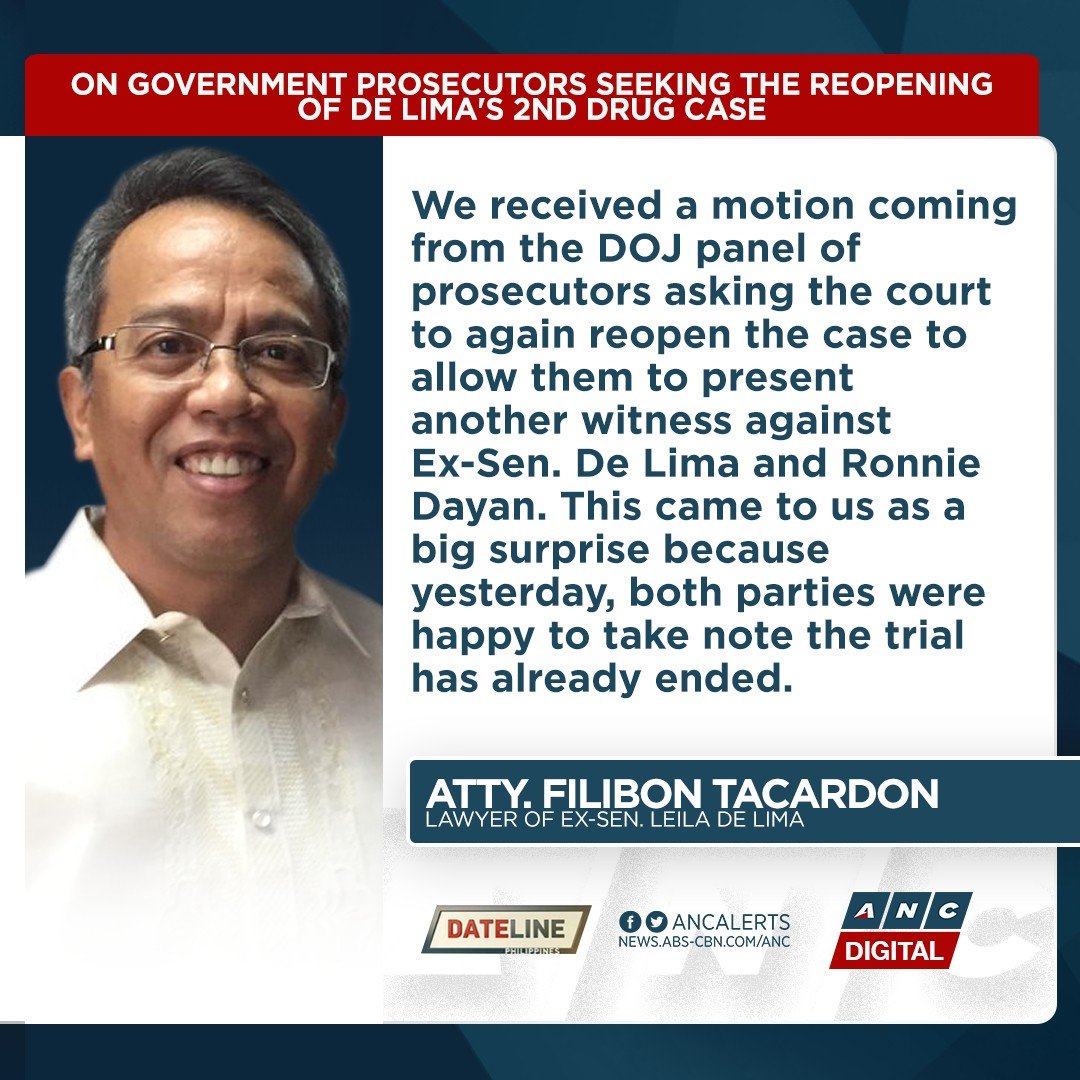 Former Senator de Lima's lawyer Filibon Tacardon says the bid to reopen her second drug case might prolong her bid for freedom. #ANCSoundbytes

WATCH: youtu.be/f3770FxUl6s