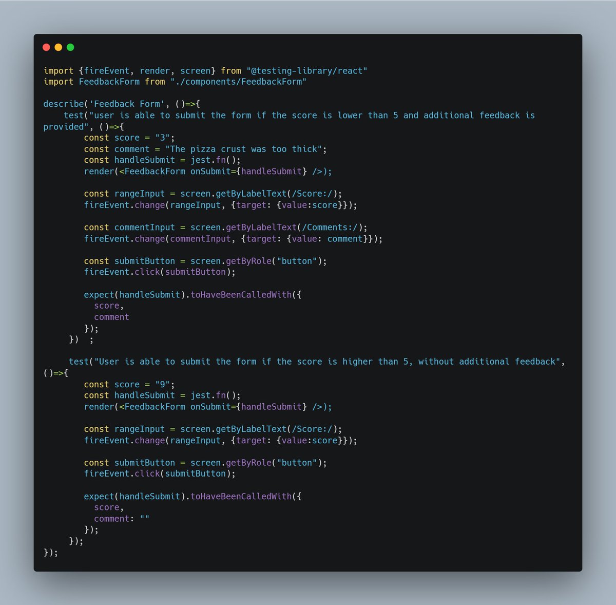 Boluwatife_Ven's tweet image. Code my first jest test from an exercise given by meta frontend 💪 #testing #Jest #ReactTestingLibrary #webdevelopment