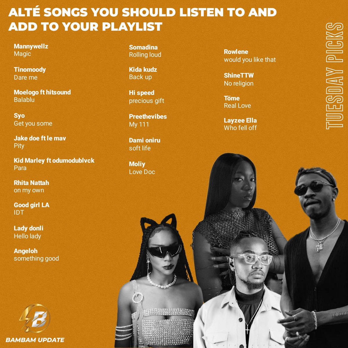 Alté sounds for you 🧡
<a href="/Mannywellz/">Mr. Oúlala</a> <a href="/tinomoody/">MOODY 🔋</a> <a href="/moelogo/">Moelogo ( THE YORÙBÁ HEALER )</a> <a href="/imSYO_/">Syo</a> <a href="/JDxwm/">Jake Doe</a> <a href="/KidMarleymusic/">Kid MARLEY</a> <a href="/RhitaNattah/">Rhita Nattah</a> <a href="/Somadina/">SOMADINA</a> <a href="/LadyDonli/">Lady Donli</a> <a href="/iamGoodGirlLA/">GoodGirl LA</a> <a href="/itsAngeloh/">Angeloh • LoveChild</a> <a href="/kidakudznews/">KIDAKUDZ NEWS</a> <a href="/hispeedmuzik/">Hi-Speed</a> <a href="/preethevibes/">preethevibes</a> <a href="/DamiOniru_/">Dami Oniru</a> <a href="/moliymusic/">MOLIY</a> <a href="/Rowlene_SA/">ROBOT</a> <a href="/shinettw_/">SHINE TTW</a> <a href="/tomeofficial_/">STUSHBBY💅🏽</a> <a href="/lifeoflayzee/">castine west</a>