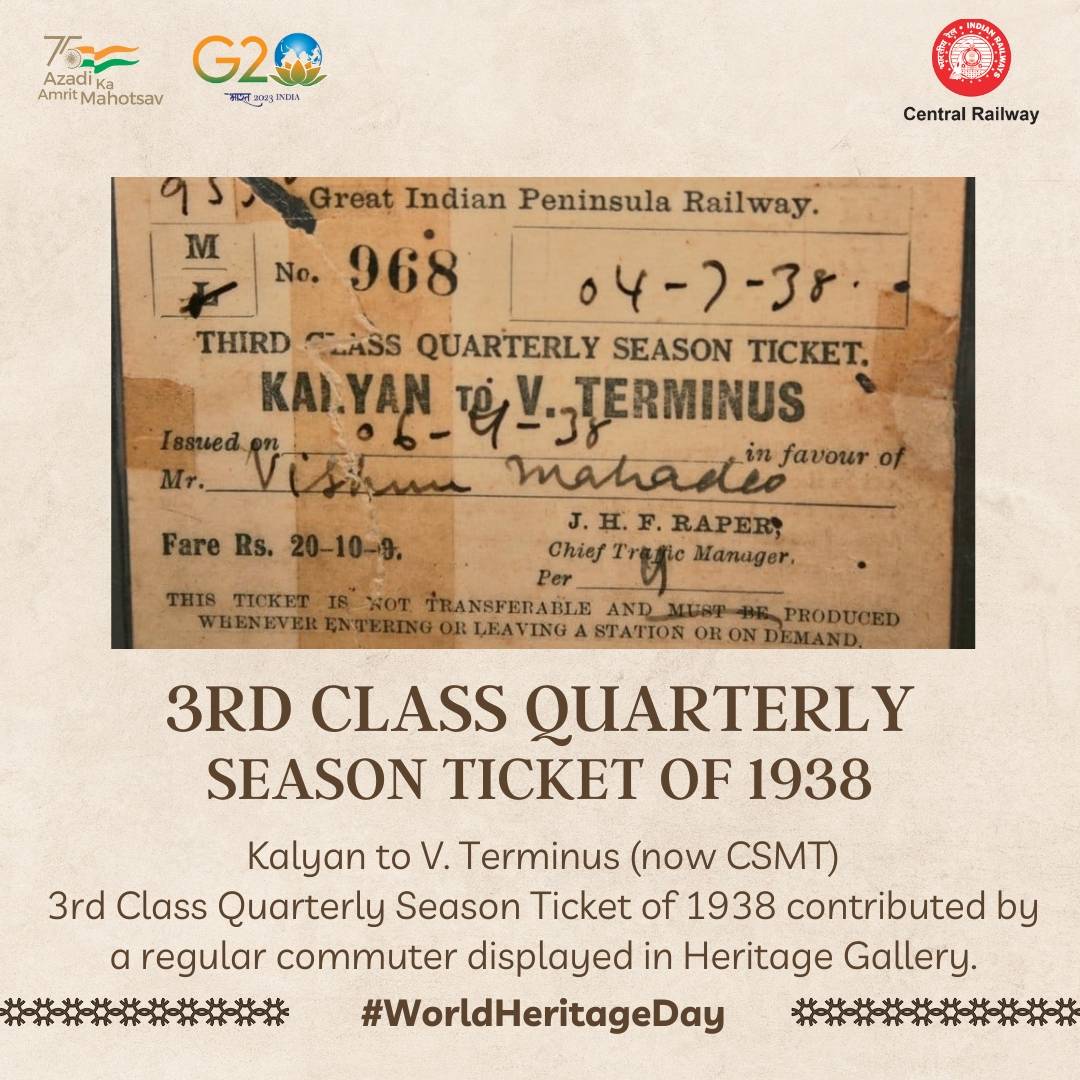 Central_Railway's tweet image. Visit CSMT Heritage Gallery.

3RD CLASS QUARTERLY SEASON TICKET OF 1938

Kalyan to Victoria Terminus (now CSMT) 3rd Class Quarterly Season Ticket of 1938 contributed by a regular commuter displayed in Heritage Gallery.
#WorldHeritageDay
#ICOMOS #HeritageChanges