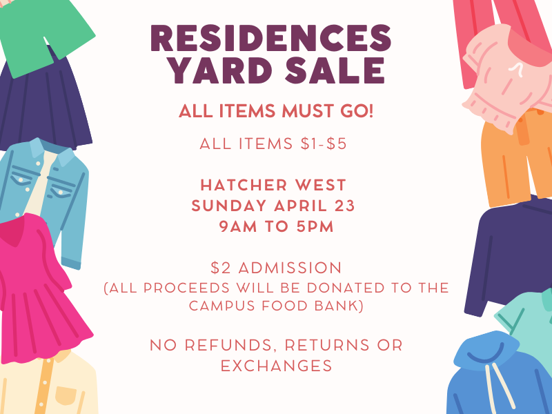 Memorial University Res Life (@memorialreslife) on Twitter photo Don't miss the amazing Student Residences YARD SALE happening on April 23 from 9 am to 5 pm in Hatcher West. All items priced at $1-$5. $2 admission (proceeds will be donated to the campus food bank).
If you would like to volunteer to help email emthompson@mun.ca. Don't miss the amazing Student Residences YARD SALE happening on April 23 from 9 am to 5 pm in Hatcher West. All items priced at $1-$5. $2 admission (proceeds will be donated to the campus food bank).
If you would like to volunteer to help email emthompson@mun.ca.