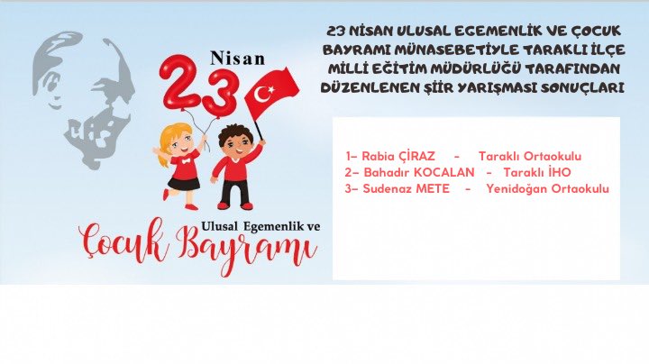 taraklimem's tweet photo. İlçe Milli Eğitim Müdürlüğümüzce 23 Nisan Ulusal Egemenlik ve Çocuk bayramı münasebetiyle düzenlenen Şiir yarışmamız sonuçlanmıştır. Katılımcılara ve dereceye giren öğrencilerimize teşekkür eder başarılarının devamını dileriz.

@tcmeb
@sakaryamem
@ebubekirsavasci
@skorkmaz321 https://t.co/fdFjVmIFSw