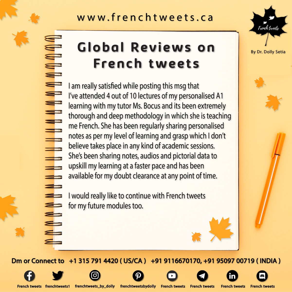 ◀️We are very grateful to our learners for dedicating such kind words. Receiving reviews like this makes the hard work that goes behind everything worthwhile. 

✅Register through our Website frenchtweets.ca/learners-regis…

#review #feedback #Learnersreview