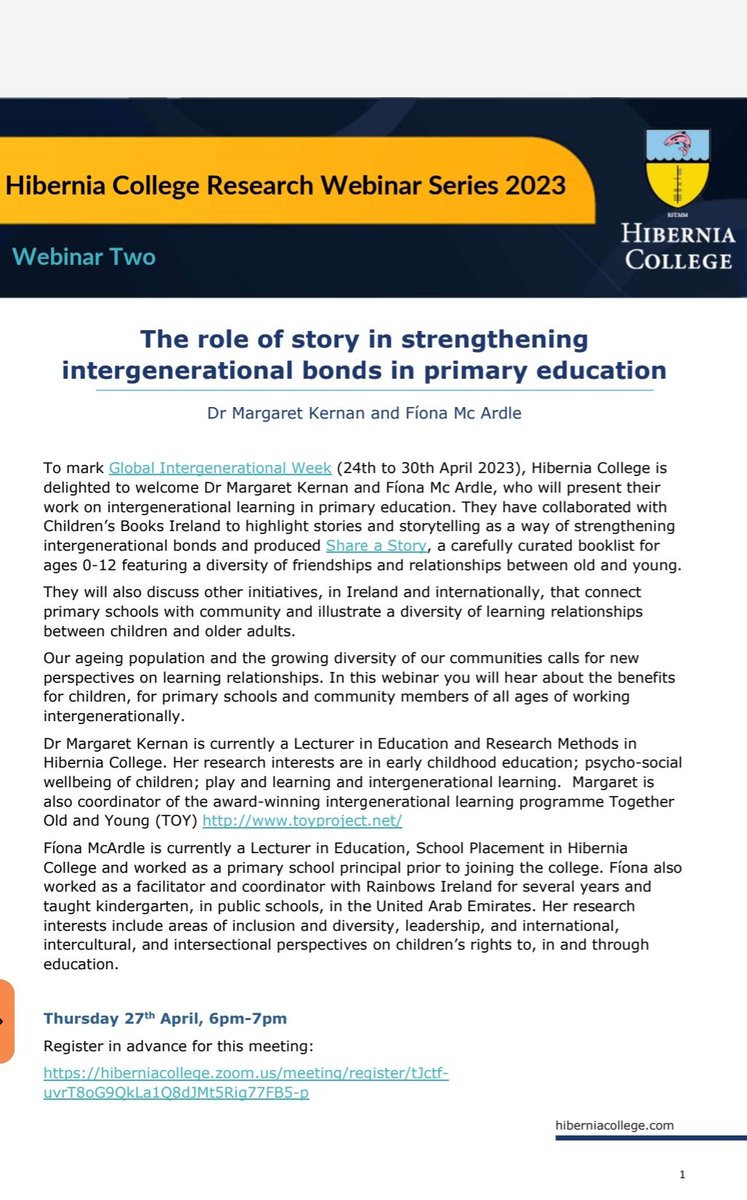 The role of story in strengthening intergenerational bonds in primary education 📚
To mark Global Intergenerational Week (24th to 30th April 2023), Dr Margaret Kernan& Fíona McArdle will present their work on intergenerational learning in primary education 
#childrensbooksireland