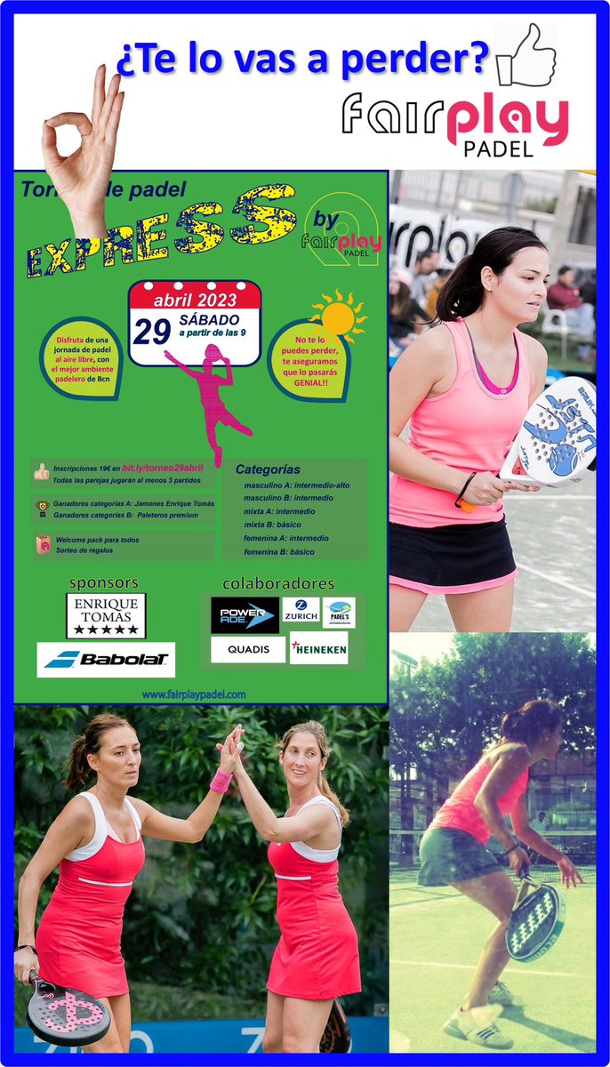 Ojo ☝️☝️
Sábado 29 de abril👉 Torneo Express en Fairplay. ¿Te lo vas a perder?
Más info e inscripciones en bit.ly/torneo29abril
fairplaypadel.com
#fairplaypadel #padel #torneoexpress #padelfun #padeladdict