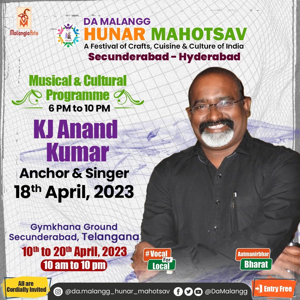 DaMalangg's tweet photo. Anchor and Singer KJ Anand Kumar ji is going to perform live today at the Musical & Cultural Programme of Hunar Mahotsav at Gymkhana Ground, #Secunderabad (#Telangana).
All are Cordially Invited
6pm to 10pm
Entry Free
#LivePerformance #HunarMahotsav #music #livemusic https://t.co/XYpxHzhCdr