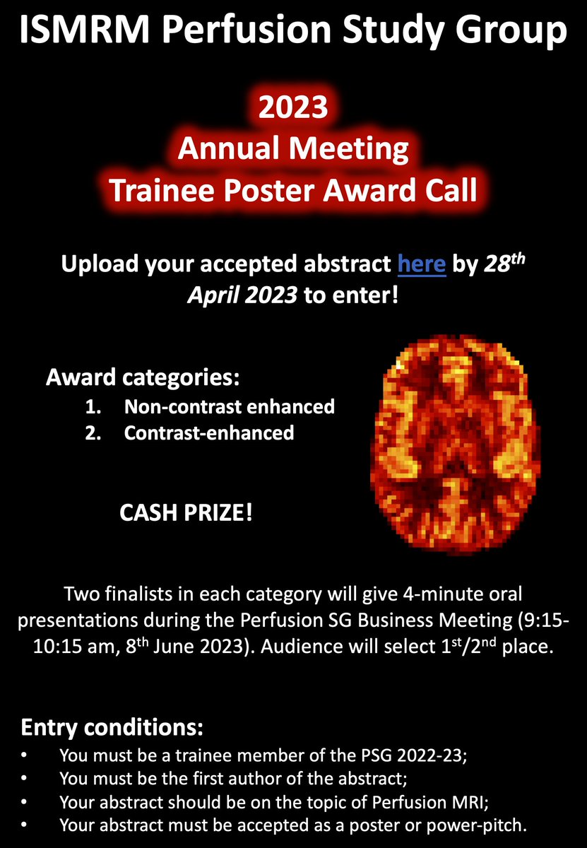 Do you have an 2023 ISMRM abstract on Perfusion MRI accepted for poster/power-pitch presentation?

Take part in the 2023 ISMRM Perfusion Study Group trainee poster competition!

To be considered, please fill out the following form by Friday 28th April: forms.gle/LsSvMqH4681xSy…