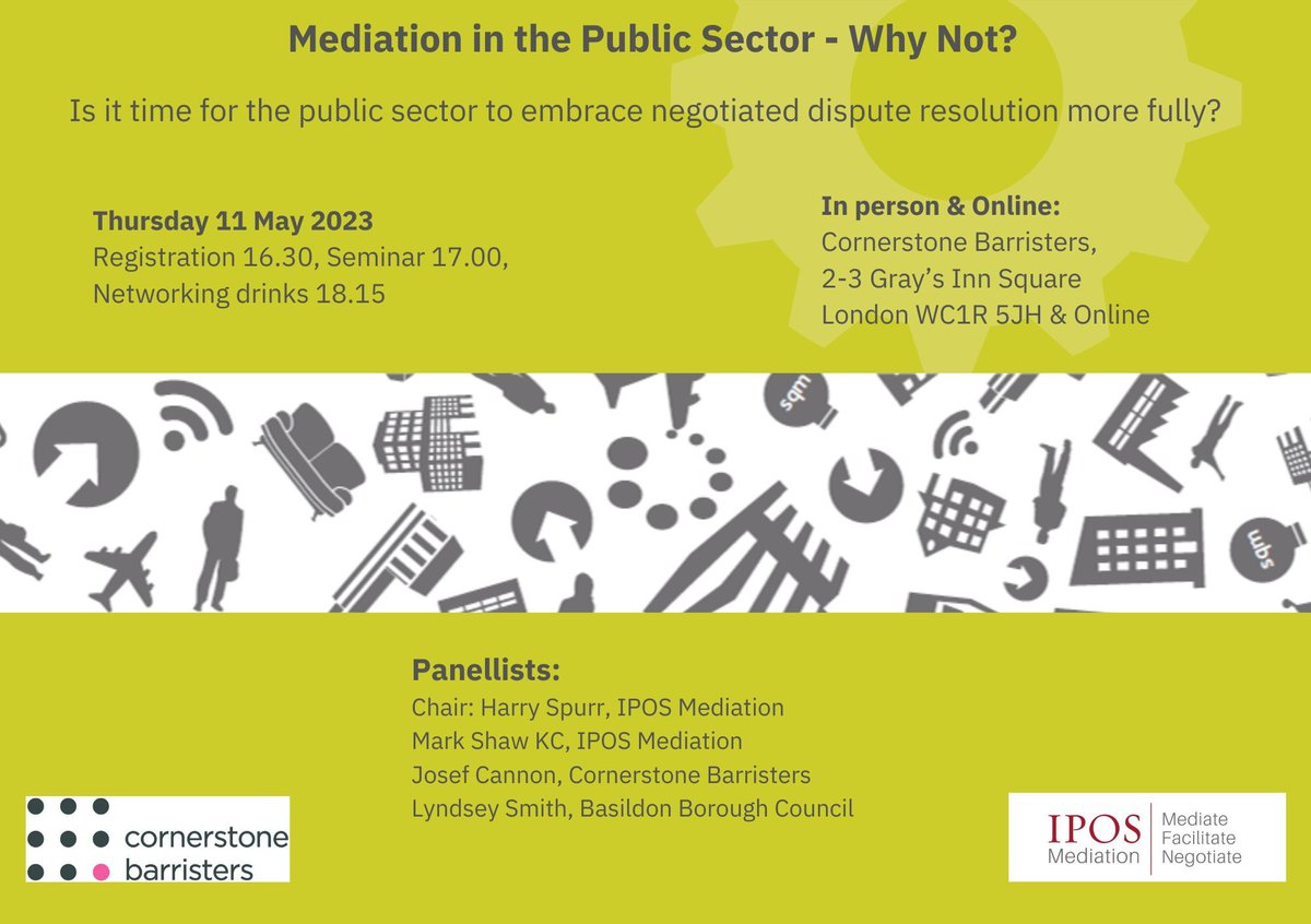 Mediation in the Public Sector - Why Not? 
We are proud to be co-hosting this event with Cornerstone Barristers, on May 11th.
Join us for this free hybrid event.
Book in-person here: lnkd.in/e6beR4vG
or register for the webinar lnkd.in/eSM4Hngz

#publicsector