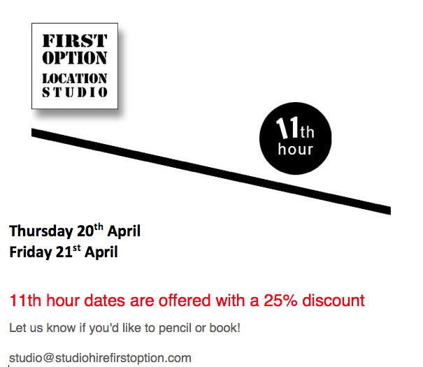FirstOptionHire's tweet photo. Our #11thhour dates for this week have landed! 
Get in touch to discuss your ideas and projects, and to reserve our wonderful space at a wonderful 25% off standard hire rates - we're ready for you! 💥💥💥

#firstoptionlocationstudio #hirespace #shoreditchsites https://t.co/uReW6HGCWX