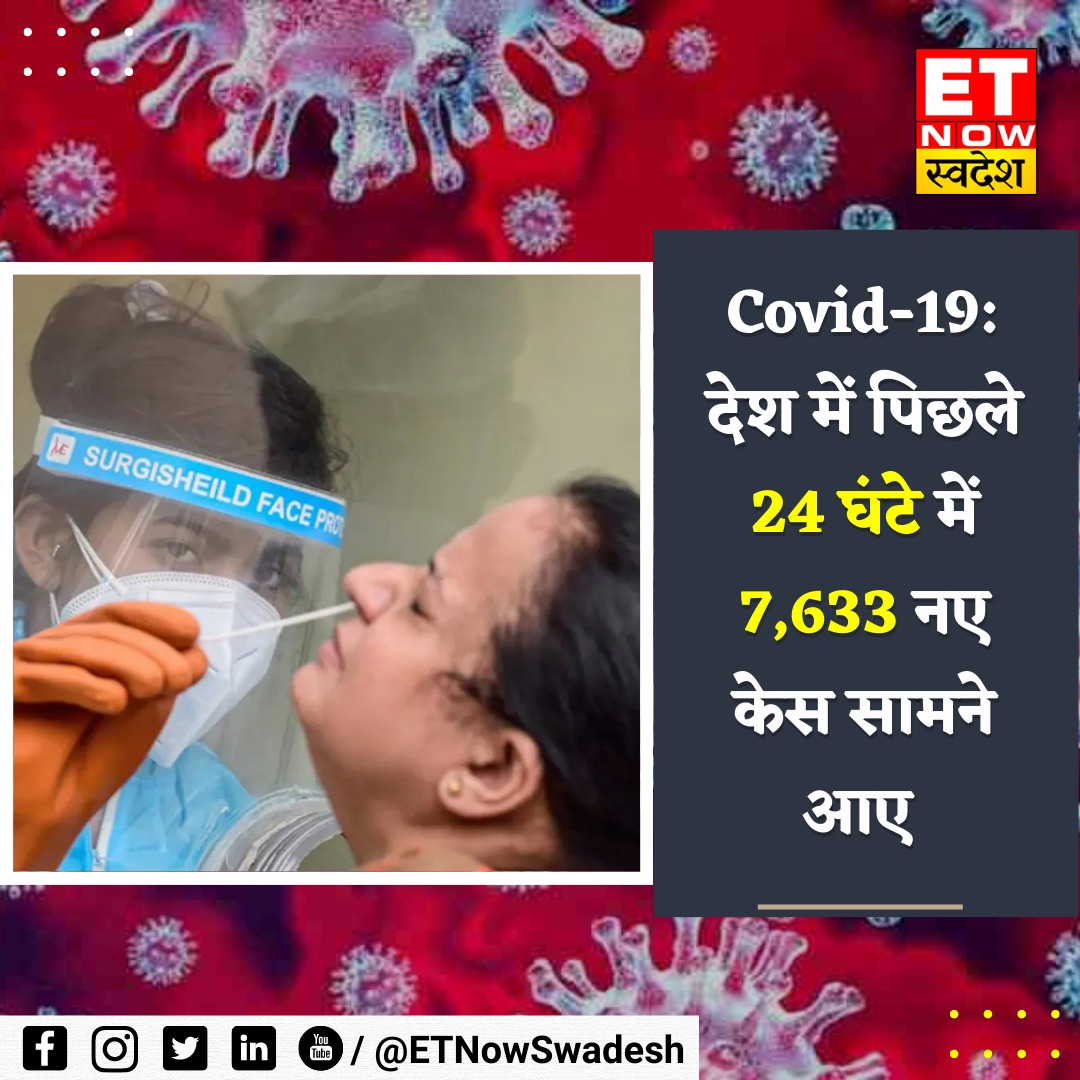 ETNowSwadesh's tweet image. #CoronavirusUpdate | देशभर में पिछले 24 घंटे में कोरोना के 7,633 नए केस आए सामने, वहीं बीते दिन कोरोना के 9,000 से ज्यादा मामले किए गए थे दर्ज

#Corona #Covid_19 #CovidVaccines #CovidIsntOver