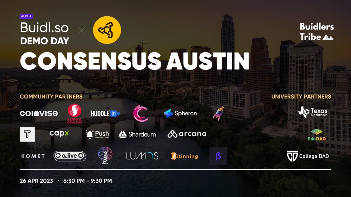 Rabble (@0xrabble) on Twitter photo Howdy #buidlers ๐ค
BuidlersTribe team is coming to #Consensus2023 ๐ with Buidlso Demo Day Austin, in partnership with <a href="/chainhub_/">Chainhub Foundation</a>
Inviting all #founders, investors and contributors of Austin, TX ๐ข
Register Now โ buidl.so/buidlso-demo-dโฆ Howdy #buidlers ๐ค
BuidlersTribe team is coming to #Consensus2023 ๐ with Buidlso Demo Day Austin, in partnership with <a href="/chainhub_/">Chainhub Foundation</a>
Inviting all #founders, investors and contributors of Austin, TX ๐ข
Register Now โ buidl.so/buidlso-demo-dโฆ