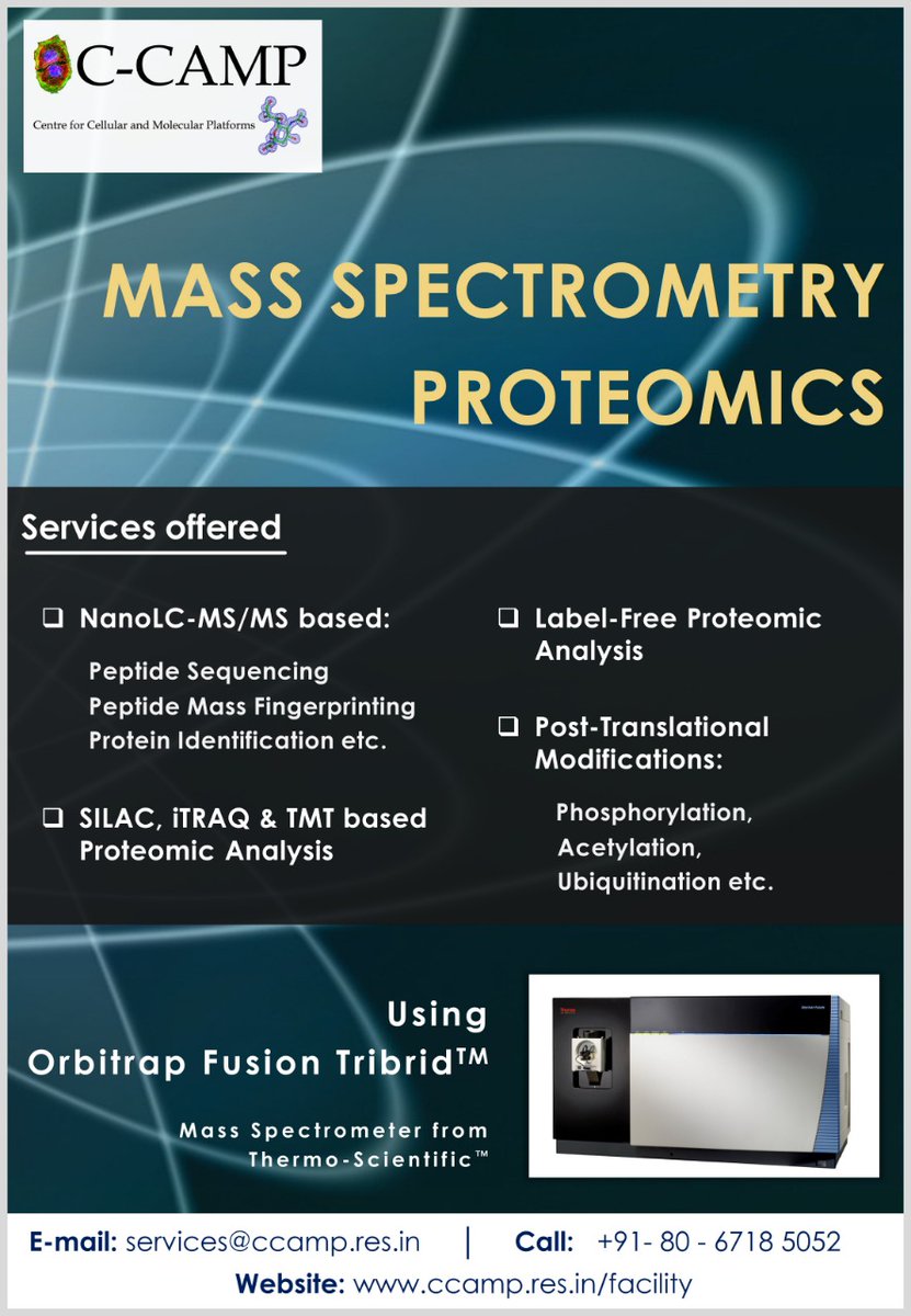 CCAMP_India's tweet photo. Inviting researchers to access CCAMP @BLiSC_India's state-of-the-art #MS #Proteomics facility!  

*Peptide #sequencing/ mass #fingerprinting/ protein identification
*#SILAC, #iTRAQ, TMT analysis 
*Label-free Proteomics 
*PTM Analysis 
...&amp; many more!  
🔗https://t.co/6EBSCpEXyF https://t.co/6BRcDFnUJD