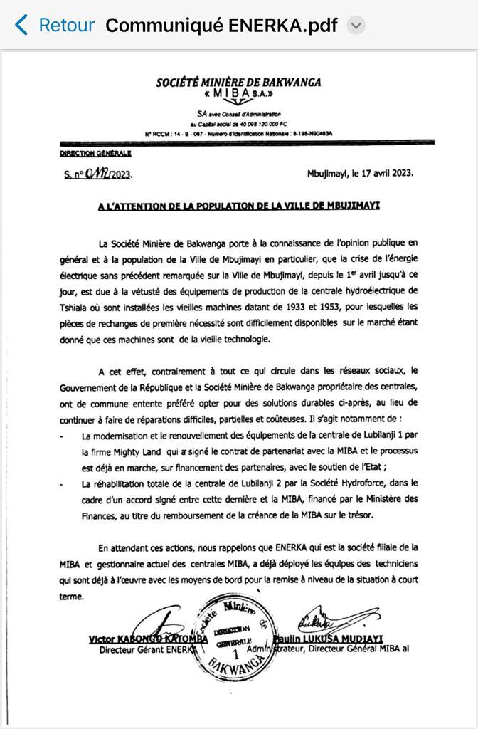 Énergie : La MIBA informe l'opinion que la crise de l'énergie électrique remarquée sur la ville d Mbuji Mayi est dûe à l vétusté des équipemts d product° dla centrale d Thiala. Pr remédier à cette situation, la MIBA et l gvnmt optent pr des solut° durables. ( Mise au point)