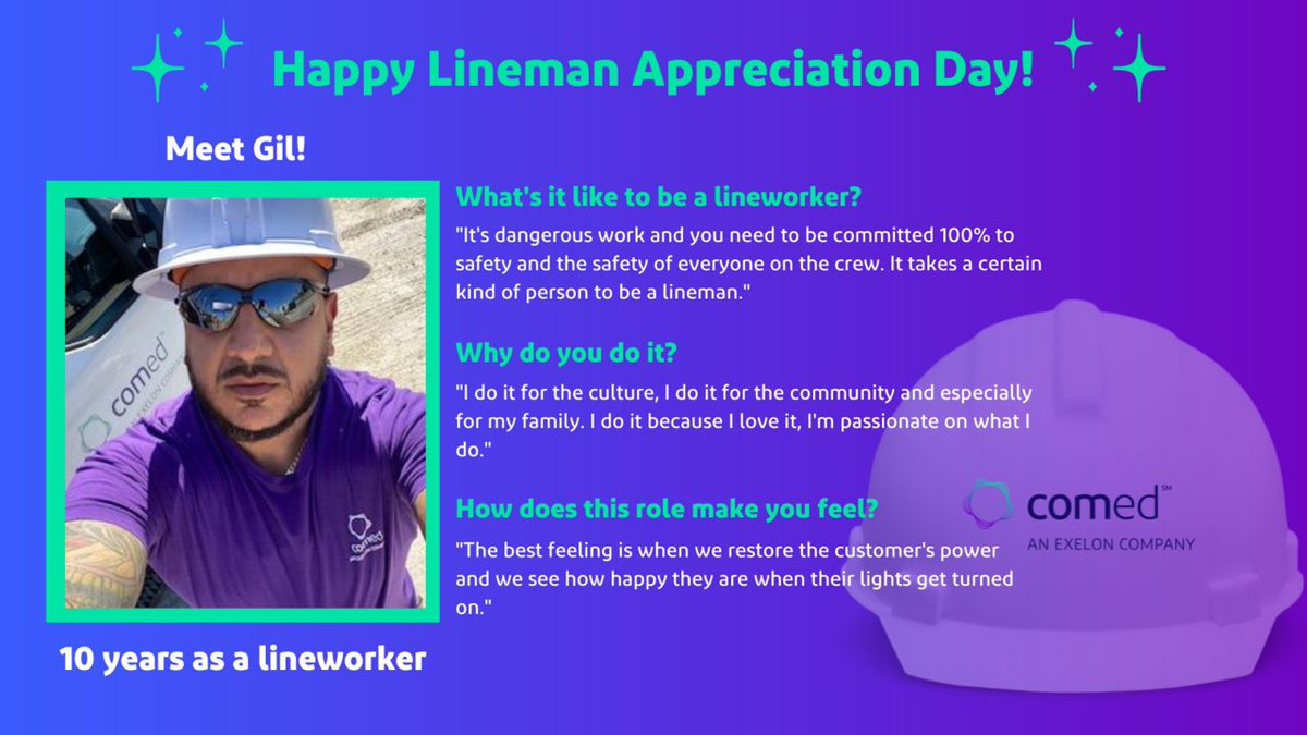 ComEd's tweet image. It&apos;s #LinemanAppreciationDay! 👷 We&apos;re dedicating today&apos;s feed to the many brave &amp;amp; incredible lineworkers we&apos;re lucky to have on our team, starting with Gil, our crew leader. #ThankALineworker by watching &amp;amp; sharing this thread. #LineworkerAppreciationDay 🧵 1/3