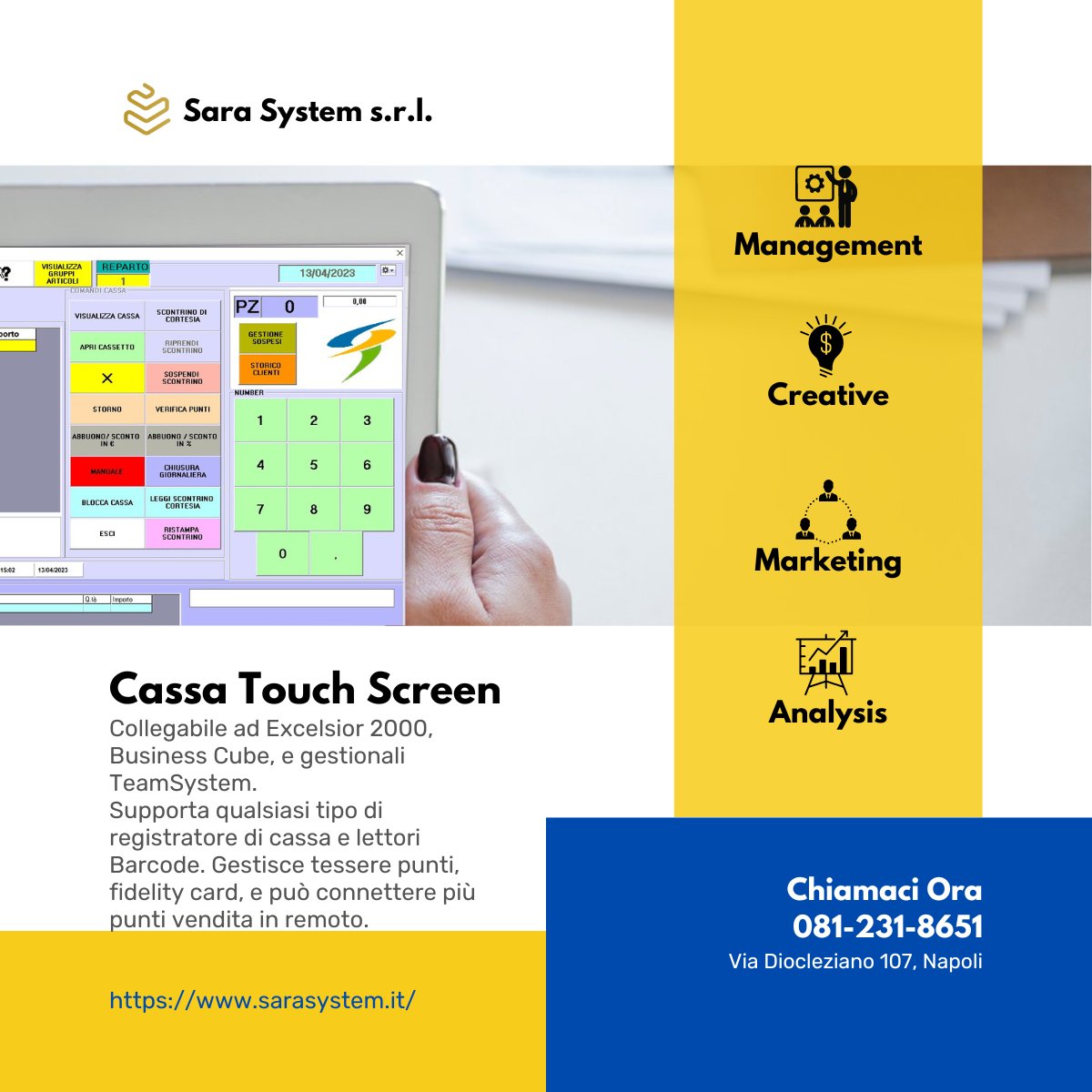 ciro_sergio's tweet image. #CassaTouchscreen collegabile ad #Excelsior2000, #BusinessCube, gestionali #TeamSystem .
Visibile qui rb.gy/zuk1b

Supporta qualsiasi tipo di #registratore di cassa e lettori #barcode.
Gestisce tessere a punti e #fidelitycard, inoltre, può connettere più punti vendita