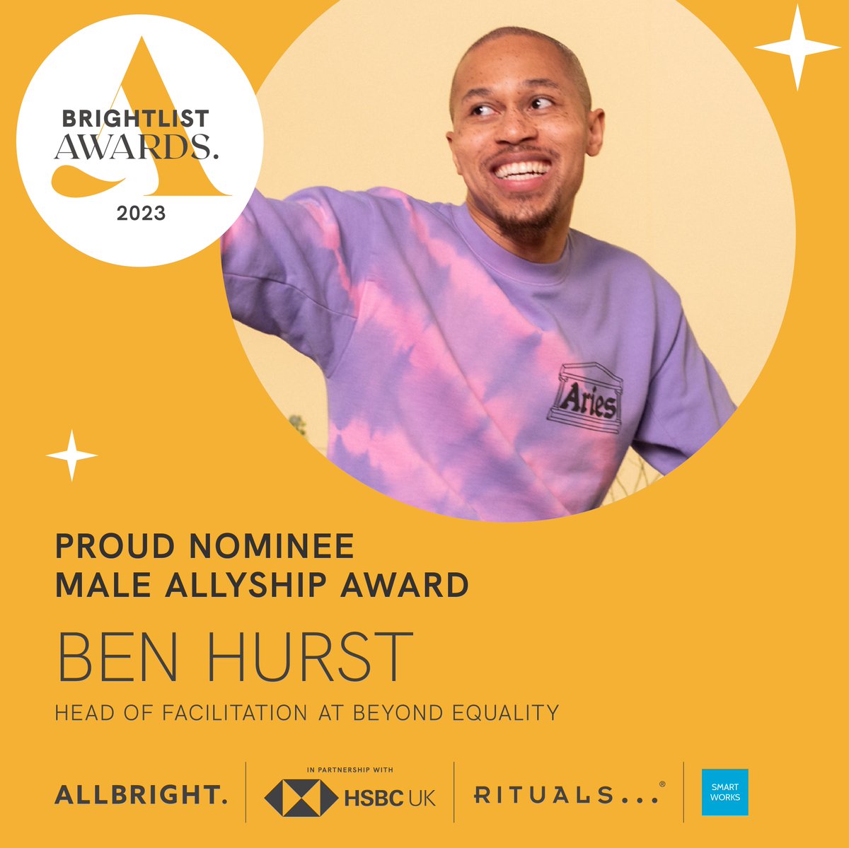 Our Head of Facilitation, @TheRealBenHurst, is nominated for @weareAllBright BritghtList Male Allyship Award! Ben has been with BE since 2016 and is a driving force of our work. We are so proud of him! ✅Vote for Ben today!✅ allbrightco.typeform.com/to/YImVHd01?ty…