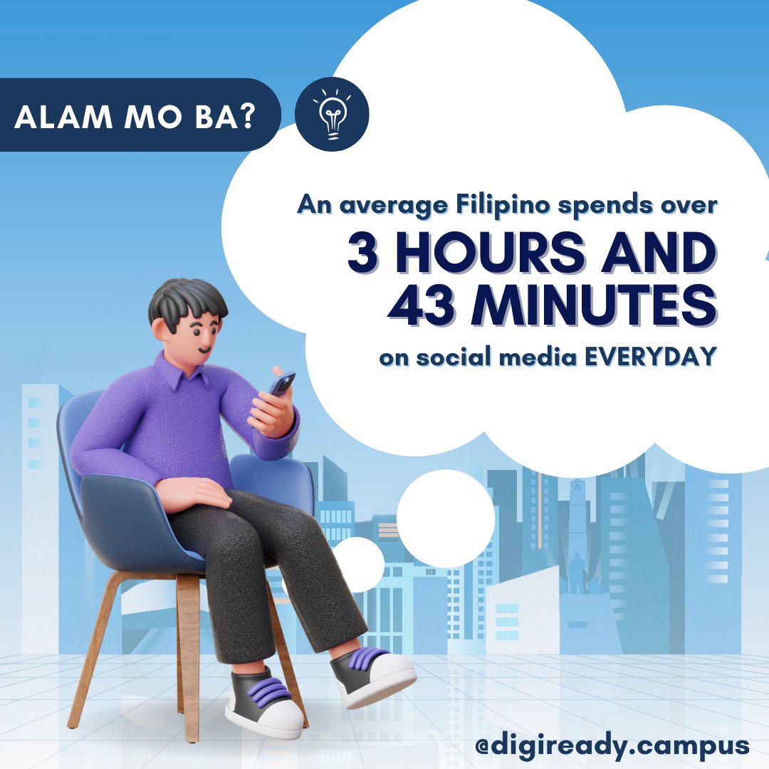 digireadycampus's tweet photo. Ibalik ang korona sa PILIPINAS? 🇵🇭 The Philippines ranks TOP 4 in the countries with the time most spent on social media! Don’t forget to scroll responsibly!📱✨ #IAmDigiReady #DigiReadyCampusEd #ASEANDLP #WeAreASEAN #DigitalLiteracy https://t.co/WZko79ukHP