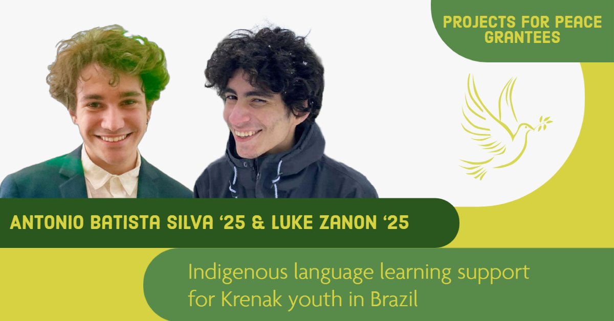 DartmouthDickey's tweet photo. We're excited for Antonio Batista Silva '25 & Luka Zanon '25, two of this year's Projects for Peace awardees. Their program supports Indigenous language learning support for Krenak youth Brazil.
#projectsforpeace #brazil #dartmouth #krenak https://t.co/E1KVqY4NmX