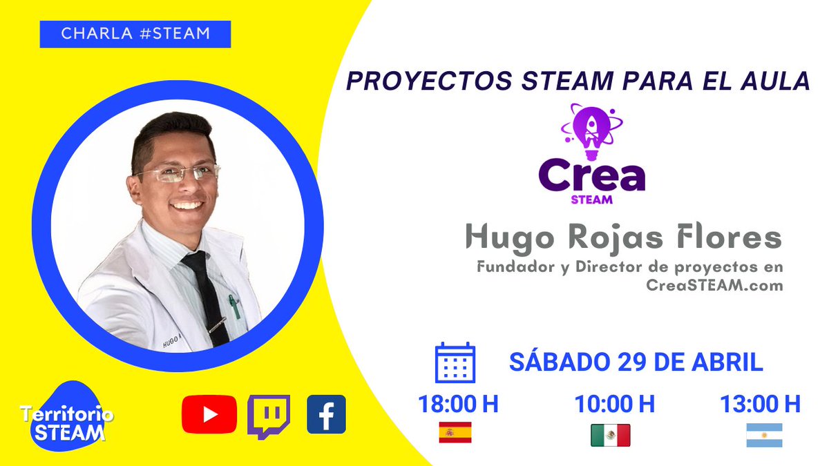 territoriosteam's tweet photo. 📢 El 29 de abril tendremos como invitado a Hugo Rojas Flores https://t.co/GWjpSArCPl(en IG)
Charla online: https://t.co/e3HFEf0JMa
Colabora:@Technolatinas
Moderan:@rosana_rivera y @RemediosFdez
#educacionSTEAM #stem #claustrovirtual #proyectosSTEAM #creasteam #territorioSTEAM https://t.co/rf7nTu6tji
