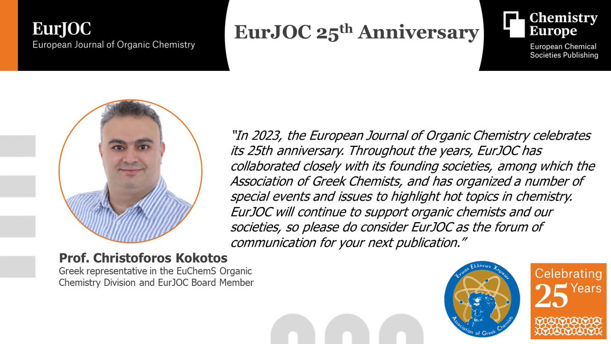 EurJOC (@eurjoc) on Twitter photo This week, <a href="/KokotosCG/">Kokotos CG Research Group</a>, EurJOC Board Member and Greek representative in the <a href="/EuChemS_DOC/">EuChemS DOC</a>, joins the celebrations for the journal's silver jubilee.
The Association of Greek Chemists is one of our founding and owner societies!
Find out more➡️bit.ly/3JhXa6D
#EurJOC25 🥳 This week, <a href="/KokotosCG/">Kokotos CG Research Group</a>, EurJOC Board Member and Greek representative in the <a href="/EuChemS_DOC/">EuChemS DOC</a>, joins the celebrations for the journal's silver jubilee.
The Association of Greek Chemists is one of our founding and owner societies!
Find out more➡️bit.ly/3JhXa6D
#EurJOC25 🥳