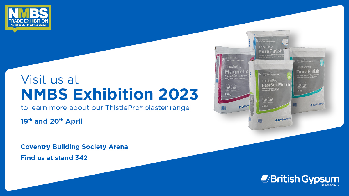 We’ll be at the NMBS 2023 Exhibition on the 19th and 20th April 👋 Find us at stand 342 to chat about our ThistlePro plaster range, including ThistlePro FastSet Finish, the plaster that sets 50% faster than standard plaster.