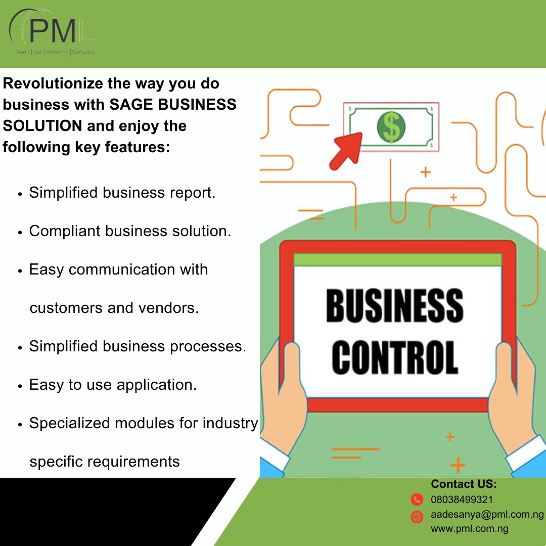 pmlprofessional's tweet image. Are you prepared to elevate your company to a new level? 

A complete business management solution is provided by Sage Software. 

For more information contact Adeola Adesanya on 08038499321 or info@pml.com.ng

#Sage #Sagesoftware #sageevolution #sagebusiness #sageadvice