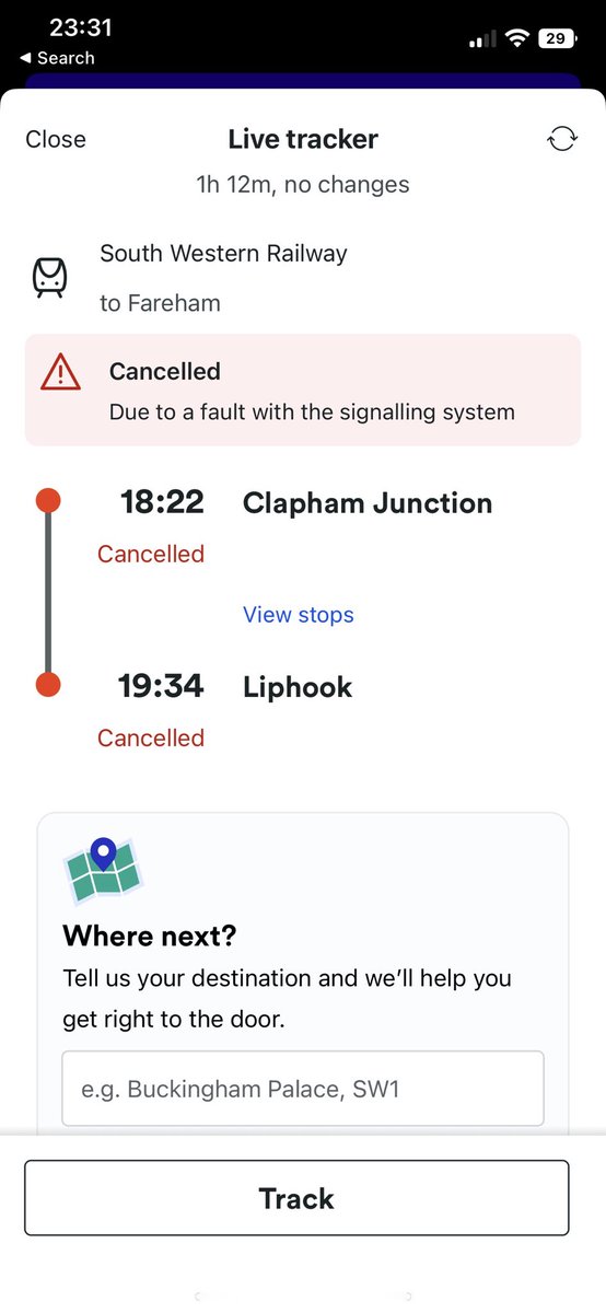 camshadbolt's tweet photo. @thetrainline Hi William,

I scanned at Clapham Junction so I could enter the station ahead of the 18:22 that was scheduled to run, and once on the platform it was announce that this was cancelled (See Attached) meaning I could not travel to my destination. https://t.co/7y3sv1ffpV
