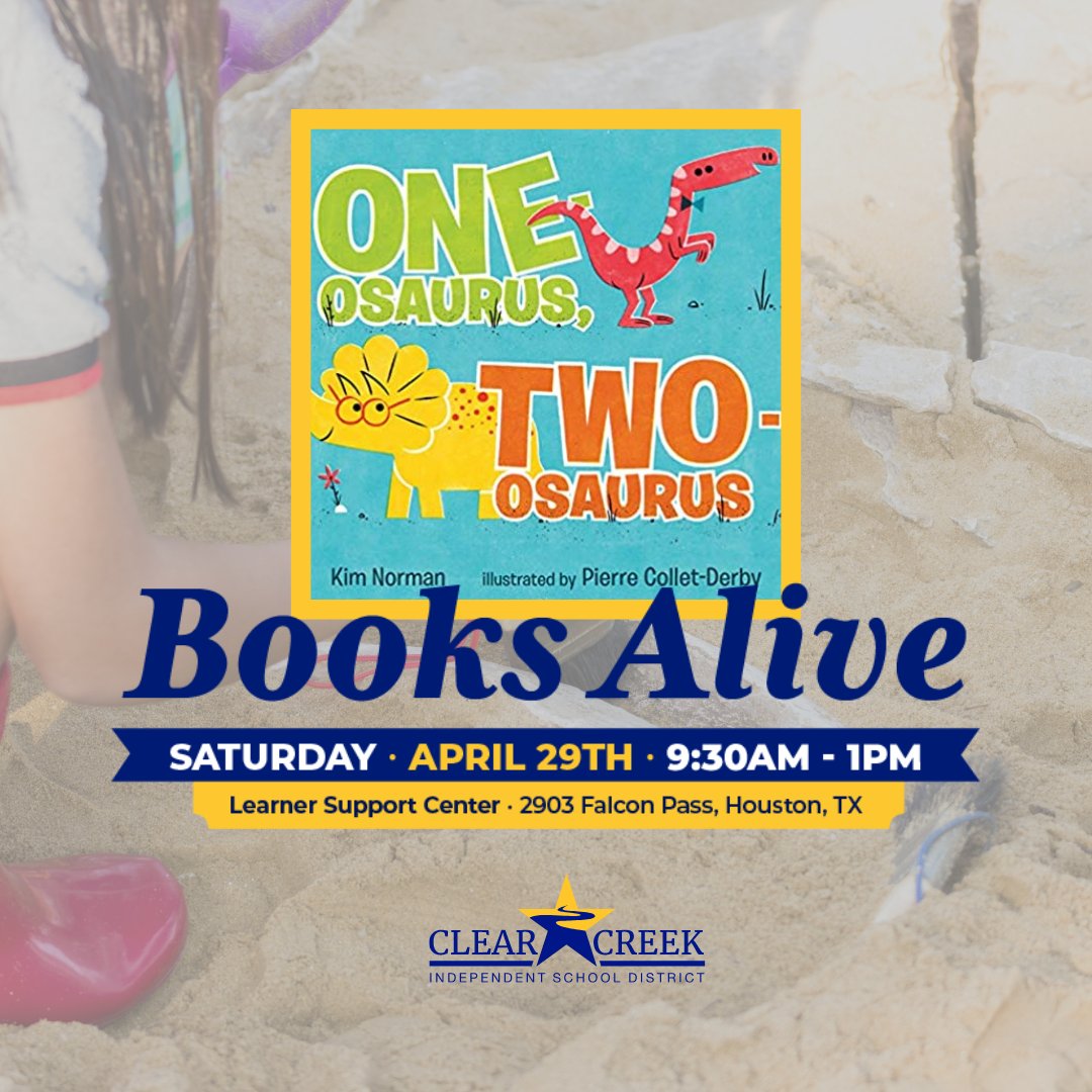 Join us for Books Alive Family Festival where books literally come to life in interactive and engaging experiences for incoming and current elementary
students.  Come out and dig for dinosaurs!  Free tickets: eventbrite.com/e/clear-creek-…