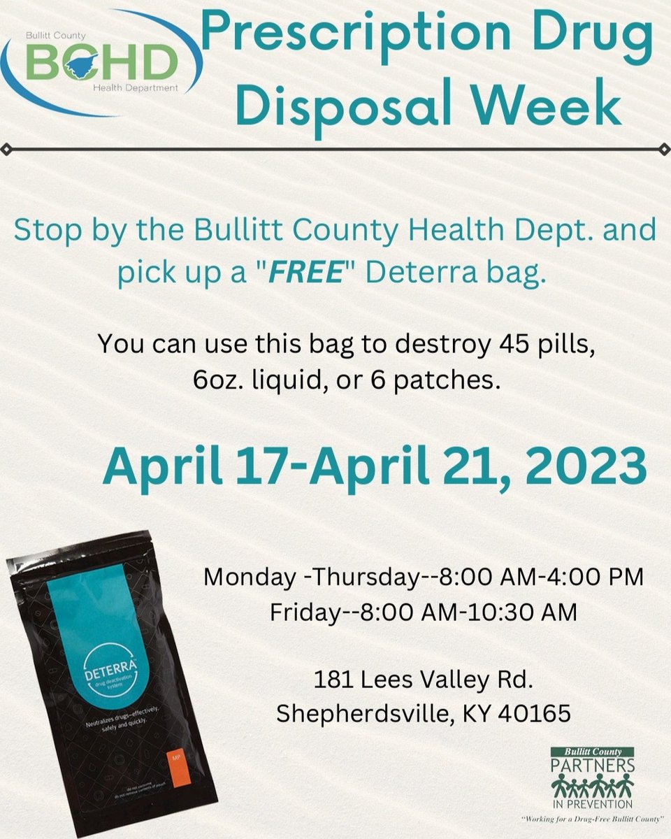 If you have medication in the house that needs to be disposed of, the Bullitt County Health Department is offering free disposal bags this week! Stop by and pick one up! #rxdisposal #bcpip #bchd