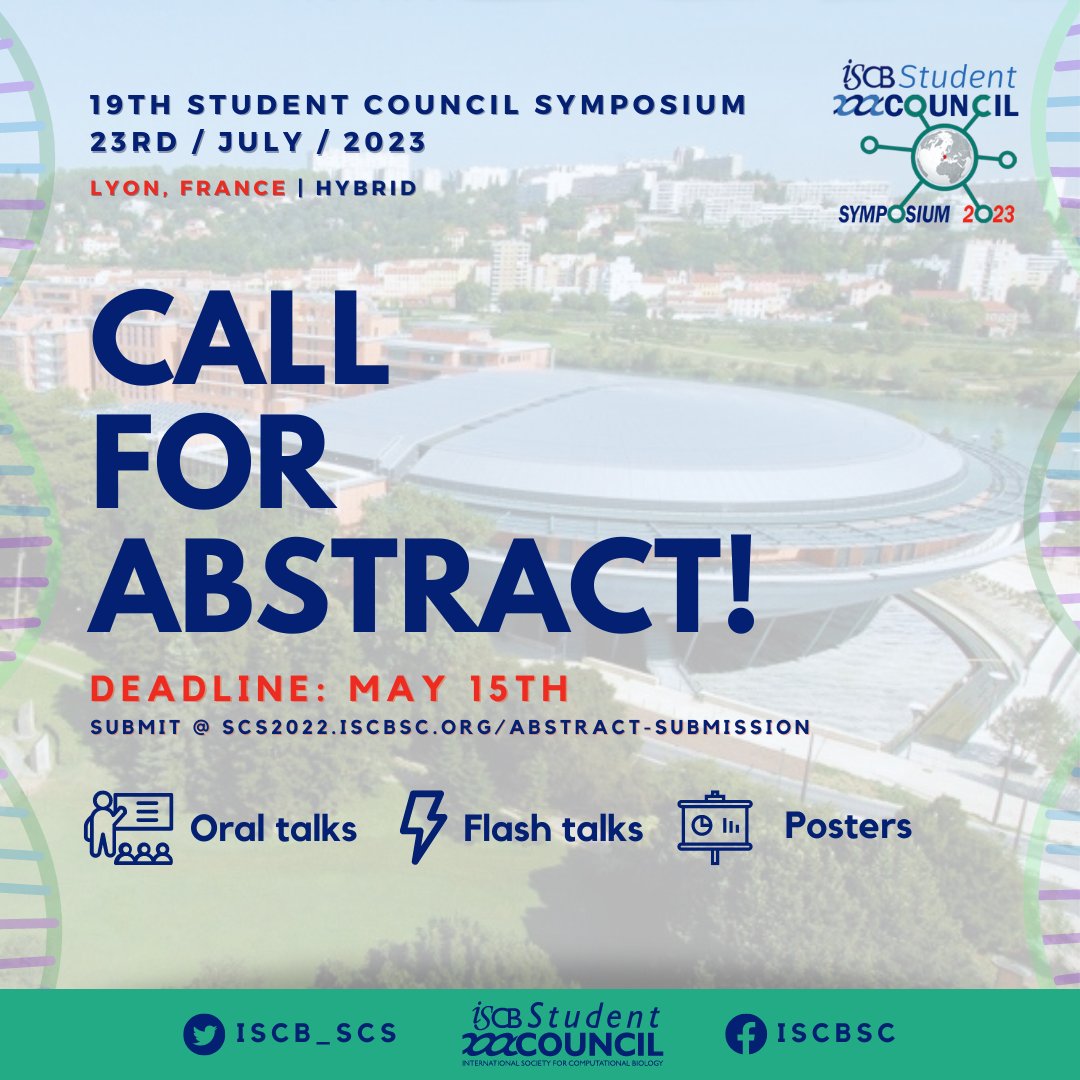 Calling all students and early career researchers in #ComputationalBiology! Submit your abstract to the ISCB Student Council Symposium 2023 (#SCS2023) by May 15th for a chance to present your work at the foremost event in the field. Submission link: scs2023.iscbsc.org/easychair