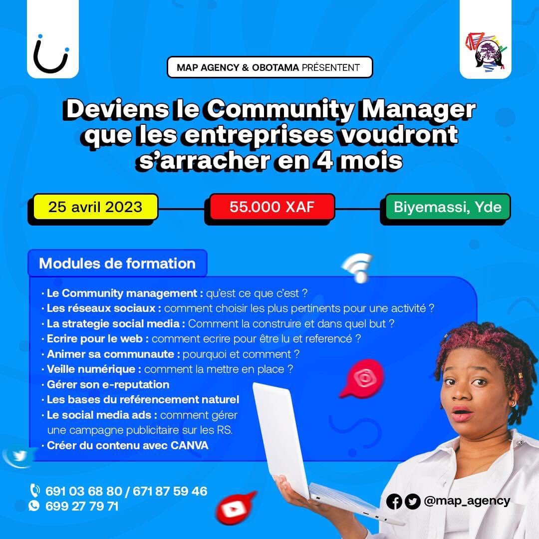 Encore 5 places disponibles ensuite moto di go  

En 4 mois nous allons parcourir 10 modules qui couvrent largement la compétence du community management avec une partie théorique et pratique.
<a href="/MAP237/">Marché Aux Puces 237</a> <a href="/MAP_Agency237/">MAP237 Agency</a>