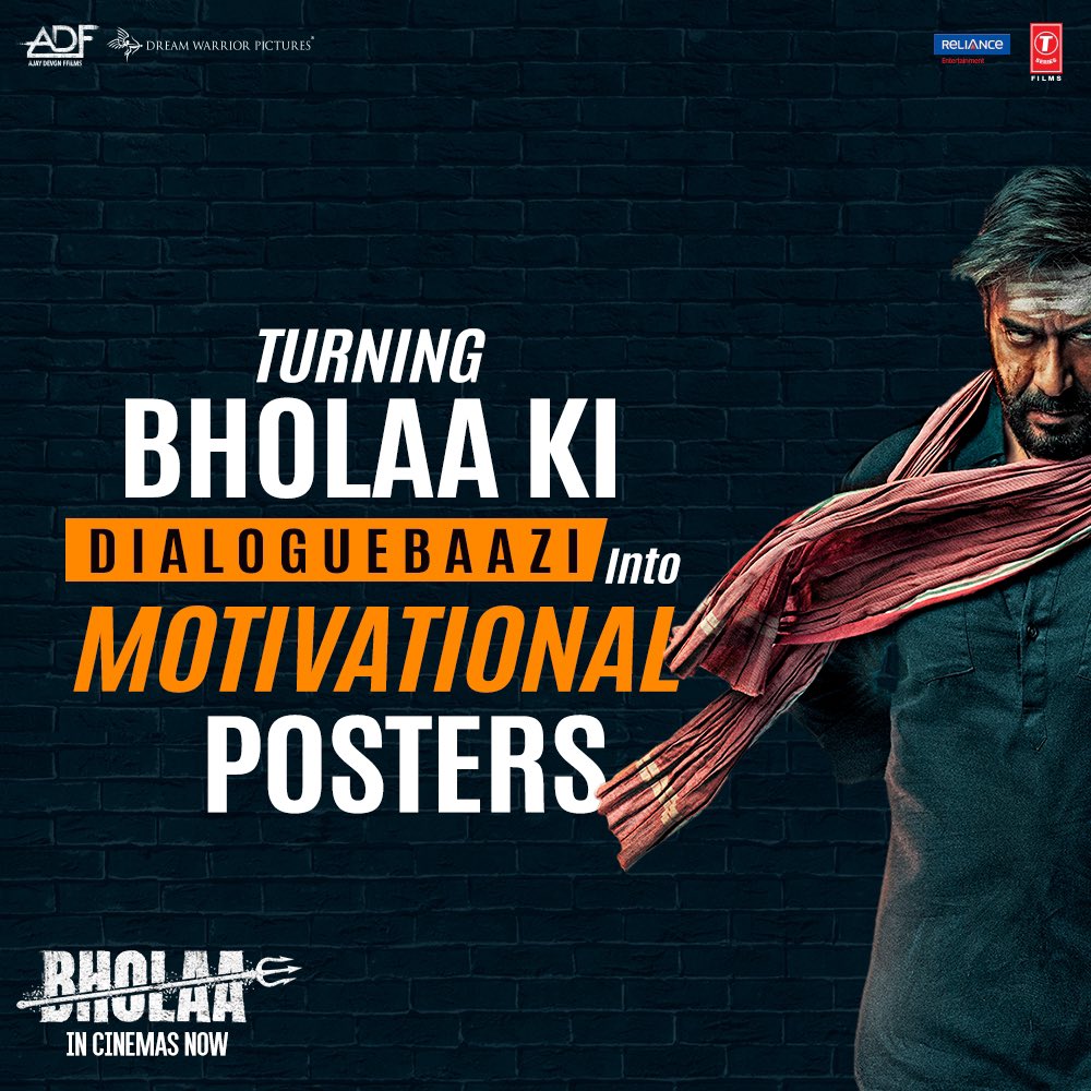 BholaaFilm's tweet photo. Your weekly dose of motivation ft. Bholaa🔱

Book your tickets now.
https://t.co/SciGS1ZvCR

#BholaaInCinemasNow
#BholaaIn3D 

@ajaydevgn #Tabu #VineetKumar @imsanjaimishra @raogajraj #DeepakDobriyal @Tarun_Gahlot @ADFFilms @TSeries @dreamwarriorpic @RelianceEnt #BhushanKumar https://t.co/U8pxg8JLYr