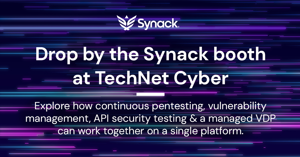 synack's tweet image. Attending #TechNet Cyber? Drop by Synack's booth (#3183) to explore the ways that continuous penetration testing, vulnerability management, API security testing and a managed VDP can work together on a single platform.