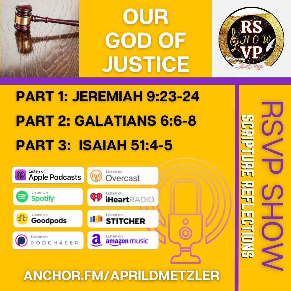 AprilDMetzler's tweet image. Looking for Podcasts Under 15 minutes? Check out the #scripturereflections on the #RSVPshow , y&apos;all!
New 3 part series about our God of Justice will release on all podcast streaming platforms on my Bday!
April 25th - May 9th, 2023 Tuesdays
Connect at anchor.fm/aprildmetzler