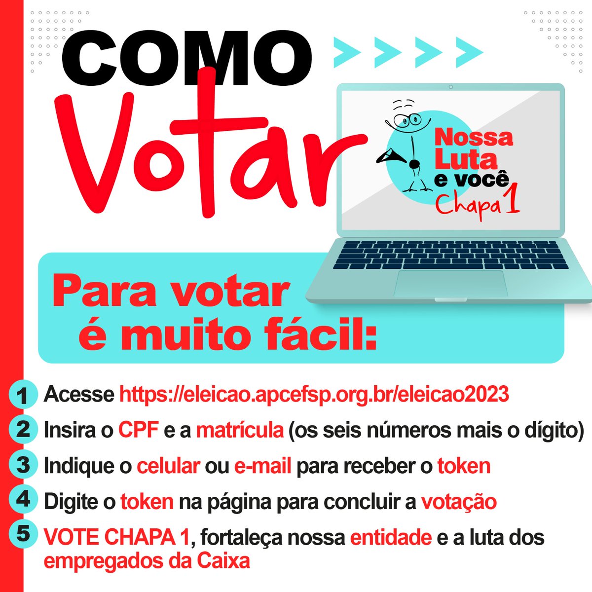 BancariosA's tweet photo. Você já pode dar seu voto à CHAPA 1 NOSSA LUTA!
A votação acontece das 8 às 21 horas, em formato 100% on-line.
Veja como votar, é fácil e rápido 👇
#EuapoioChapa1
#Chapa1NossaLuta
#Apcefsp
#NossaLuta
#voteChapa1 https://t.co/l0OkFHIBGM
