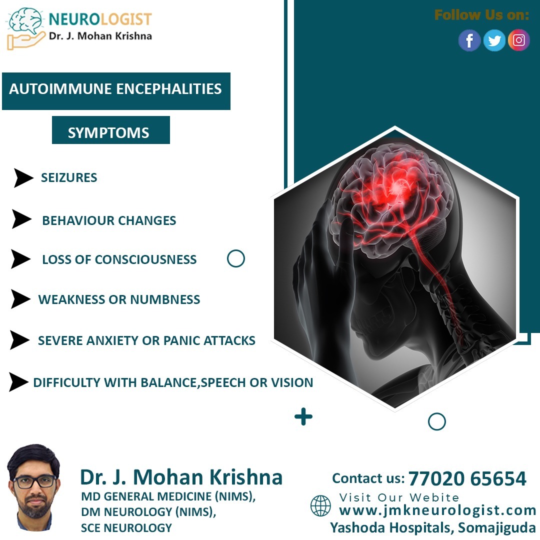 #Autoimmuneencephalitis (AE) is a type of #braininflammation where the body's #immunesystemattacks healthy cells and tissues in the #brain or #spinalcord.
#drmohankrishna #bestneurologist #Hyderabad #neurologist #strokedoctor #stroke #autoimmuneneurology #besttreatment